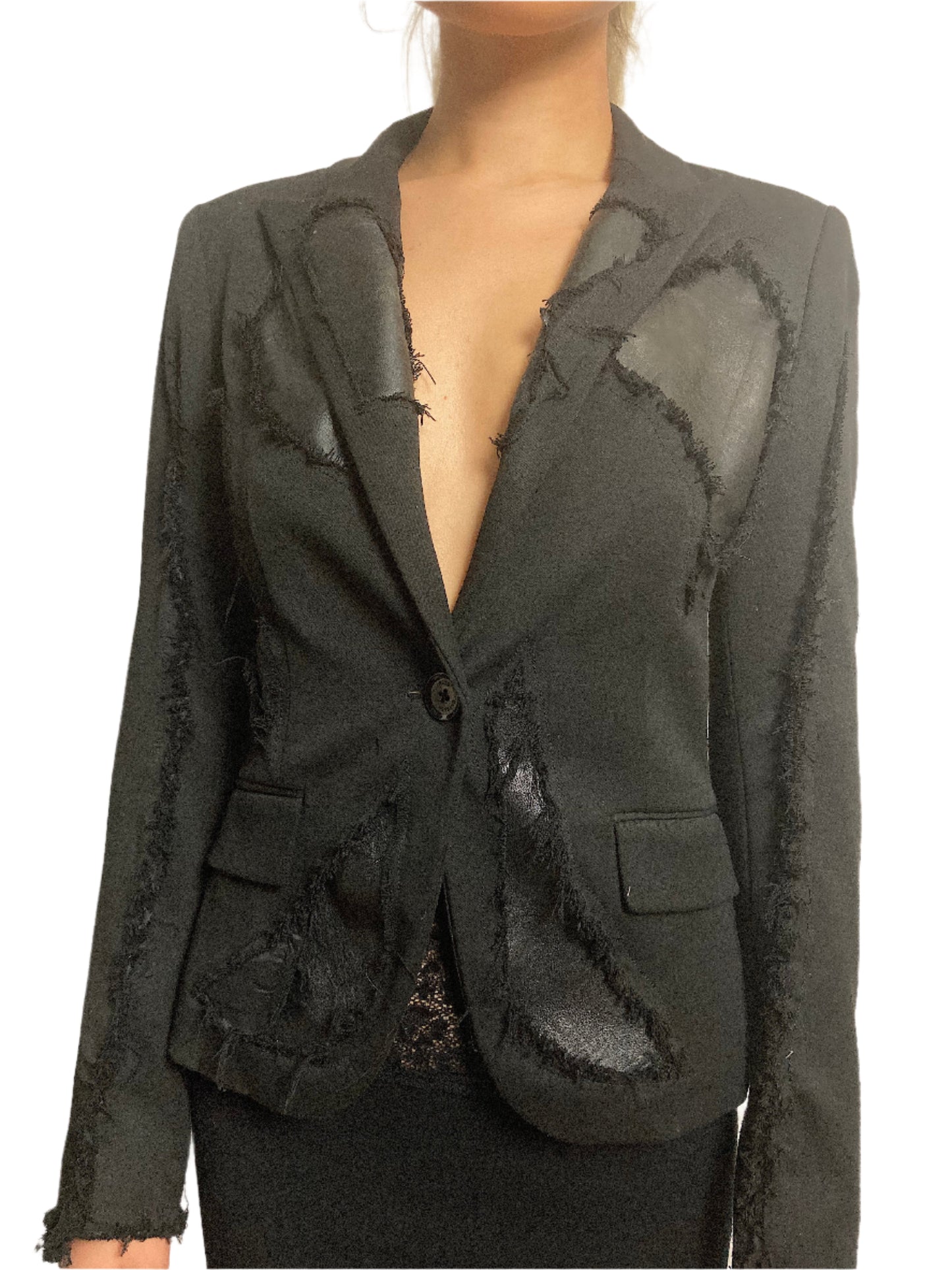 BLACK LEATHER AND WOOL CORSET SUIT