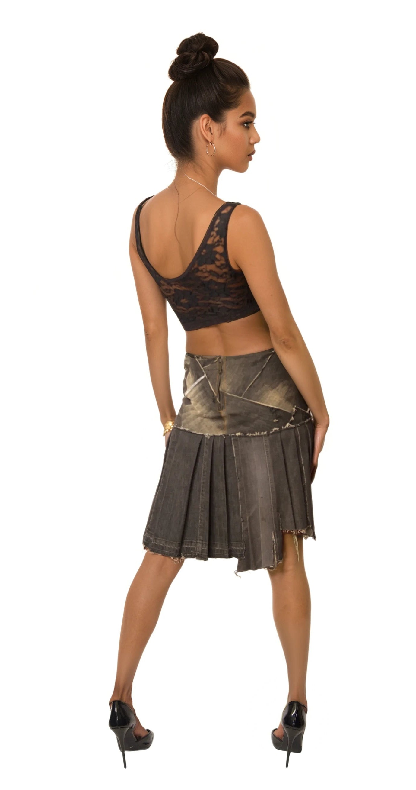 DECONSTRUCTED DENIM PLEATED SKIRT