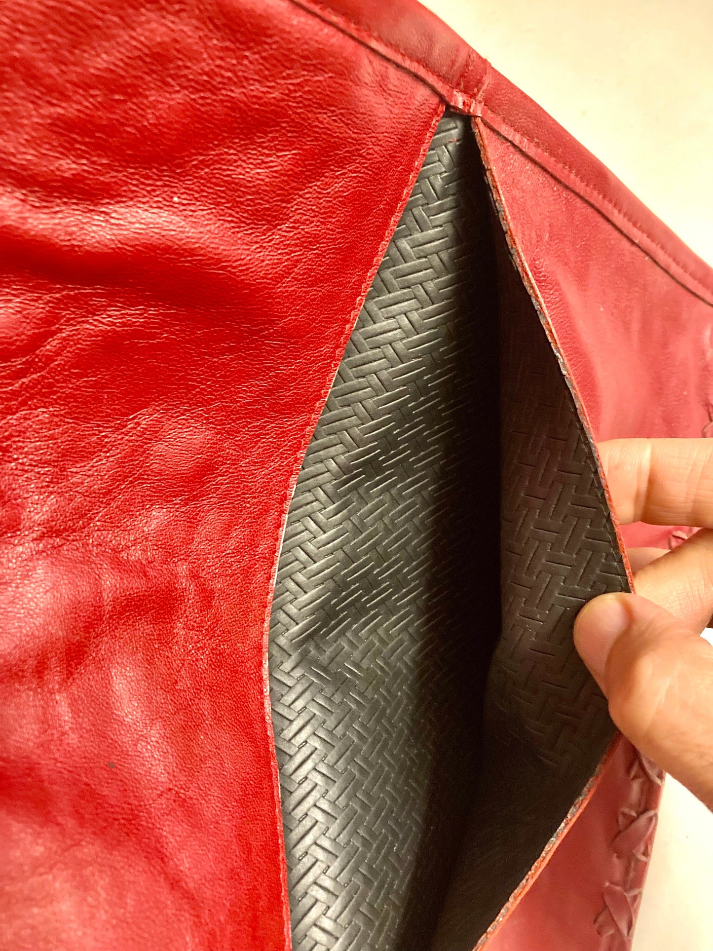 Red one of a kind asymetric leather clutch